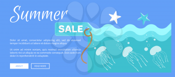 Summer sale web poster with abstract cartoon jellyfishes sailing in sea or ocean vector illustration with place for your text