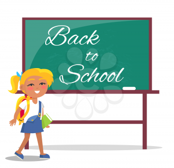 Back to school written on green blackboard, inscription made by white chalk, smiling schoolgirl with backpack stands nearby vector on white background