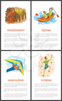 Extreme sports set vector, speleotourism and skydiving. Wall climbing and rafting summer hobby posters set with text, active people skydiver and climber