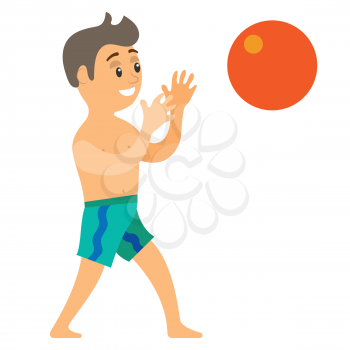Boy catching ball, portrait view of smiling teenager wearing shorts, summer or beach activity, volleyball game, full length view of standing child vector