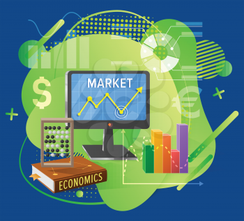 Marketing and financial report, calculate currency, economics book, rising chart and monitor, diagram and dollar, investment poster, banking vector. Stock market for traders