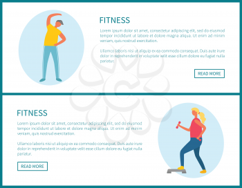 Workout plan, fitness and sport, morning exercising web page template vector. Bending over and lunges with dumbbells, training and healthy lifestyle