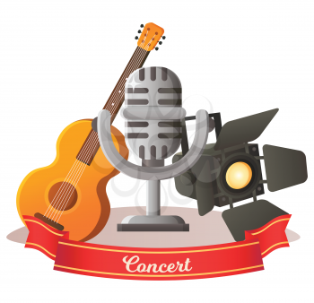 Guitar and microphone, spotlight objects for concert, invitation or poster musical equipments, mic and instrument with strings, light decoration vector