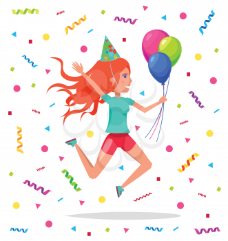 Teenage girl in festive hat jumping and celebrate birthday party. Vector woman with air balloons having fun, leaping from joy on backdrop of tinsels