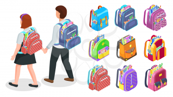 Pupils walking holding hands. Set of colorful backpacks filled with supplies like ruler, pencils, pens. School equipment and accessories vector illustration. Isometric 3d rucksack. Back to school