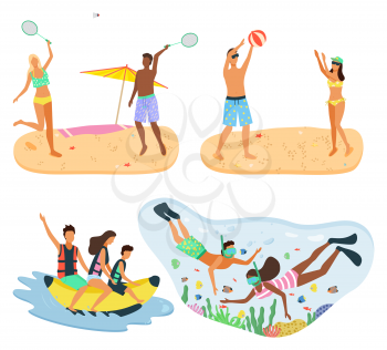 Snorkeling man and woman scuba diving hobby vector. People playing by seaside coast, beach with hot sand, banana boat ride, active holidays flat style. Summertime activity