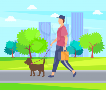 Person with dog on lead walking in city park among skyscrapers, green trees and bushes. Vector man in hat with domestic pet, cartoon style character on walk