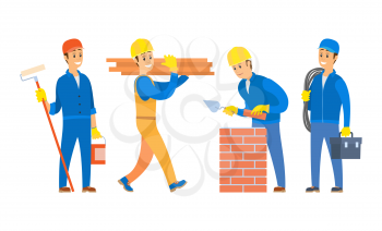 People working on construction vector, set of characters isolated male wearing uniform and helmets, man building wall standing with roller paint bucket