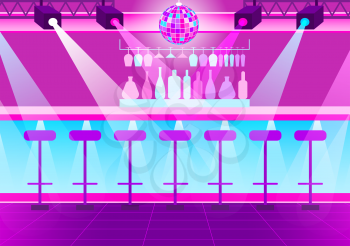 Nightclub to have fun at night vector, bar with table and barstools. Alcohol and bright spotlights, seats for people to drink and enjoy atmosphere