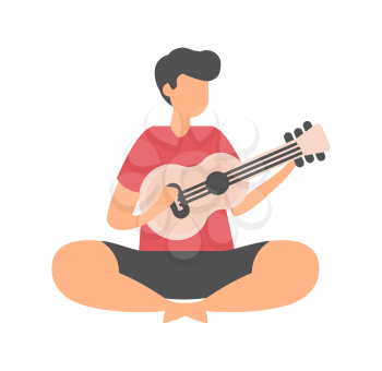 Male sitting on floor and playing guitar isolated cartoon character. Vector friend play on music instrument, young musician flat style, handsome performer