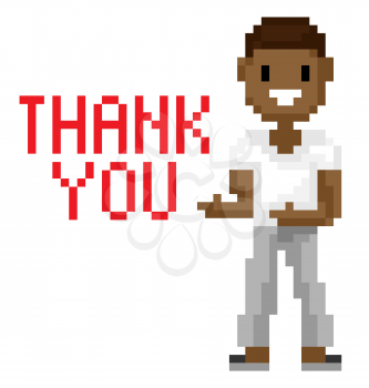 Thank you web page of pixel game, portrait and full length view of smiling pixelated man, male character shooting, geometric and retro platform, interface vector