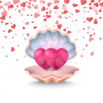 Conch with couple of hearts, romantic sign in 3D style. Card decorated by shell and Valentine engagement. Traditional symbol of feeling love in pink vector