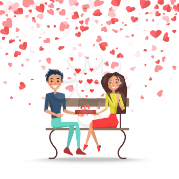 Valentine man and woman sitting on bench and holding gift box. Postcard decorated by red hearts, romantic day between boyfriend and girlfriend vector