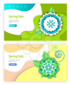 Spring sale website with paper cut of flower, special offer web page decorated by blossom and links. Shopping interface adorned by ornaments vector