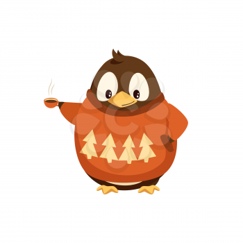 Penguin in sweater with hot coffee cup. Flightless Arctic bird in clothes with beverage vector. Christmas outfit, energetic drink and animal isolated icon