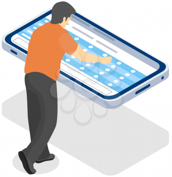 Guy is looking at mobile phone screen. Smartphone showing plan or schedule on screen. Male character studies using timetable. Planning schedule on mobile device concept. Man sets up timetable