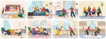 Set of illustrations about friendly family with board games at home. Parents and children spend time at home together. People rest during playing game in apartment. Home activities and entertainment