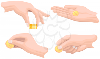 Set of hands with coins isolated on white background. Money donation, charity, investment. Profit, income, salary increase. Finance, trade, bank transactions. Hands holding gold dollar pennies