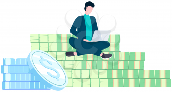 Businessman doing freelance work. Male employee sitting on stairs made of dollar bills with laptop and working remotely. Freelancer works to earn money and receive income on top of stack of banknotes