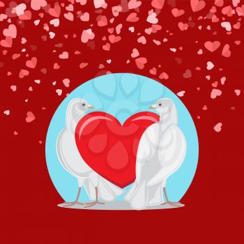Pair of white doves and red love symbol on blue circle background, flying hearts vector Valentines day greeting card. Pigeon birds on romantic postcard