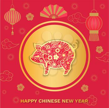 Happy Chinese New Year pig and Asian style symbols vector. Hand fan and lanterns, piggy sign flowers and clouds, natural elements. Piglet in circle
