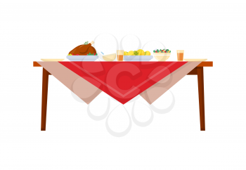 Dishes on table with red tablecloth. Food chicken with potatoes, salads and drinks, cups and plates. Set-table of deliciouce meal in realistic style vector