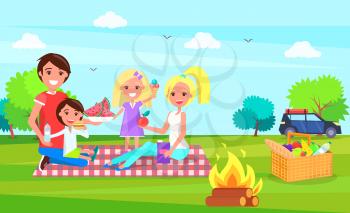 Picnic family sitting on cloth and eating watermelon vector. Car transport standing in distance, mother and father, children holding ice cream dessert