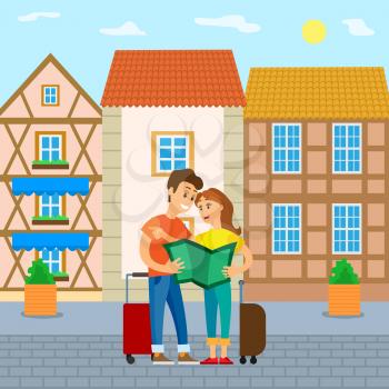Traveling people arrived in city vector, couple lost in new town looking at map, holding luggage. Woman and man on summer vacation, happy travelers
