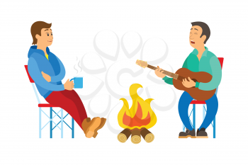 Man holding cup, male singing and playing guitar, people relaxing outdoor near bonfire. Portrait view of tourists in sport suit sitting on chairs vector