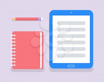 Notebook to write memos and personal information vector. Paper with spiral bind together, pencil and e-book, tablet device assisting in education learning
