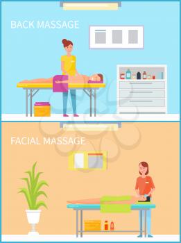 Back and facial massage and procedure set of woman masseuses working with clients and patients lying on table. Cosmetician in salon and masseur vector