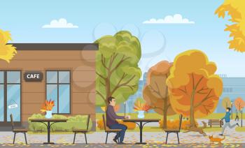 Man drinking tea from cup in empty cafe, autumn season vector. Person walking dog, cat approaching to customer. Building and trees with foliage leaves