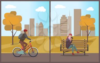 Woman talking on mobile cell phone and bike riding bicycle set vector. Male with active sporty lifestyle, autumn park and cityscape with buildings