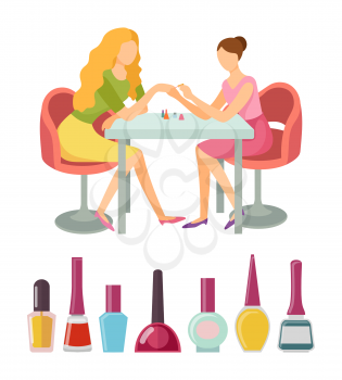 Spa salon manicure client and specialist vector, icons set. Bottles with paint nails polishing liquid of different colors. Manicurist beauty service