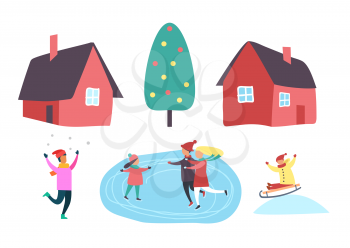 Winter season people outdoor having fun together set vector. Christmas decorated pine tree, houses and family skating on ice. Sledges riding by child