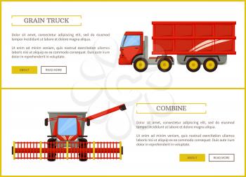 Grain truck and combine set vector. Posters with text and agricultural machinery for harvesting and transporting crops. Farming industry machines