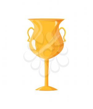 Award golden cup closeup of icon with handles. Victory shining prize for competition. Approval and triumph of winner isolated on vector illustration