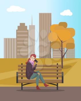 Woman lady talking on mobile cell phone sitting on wooden bench vector. Tree with dry leaves and foliage. Female communicating, skyscrapers and sky