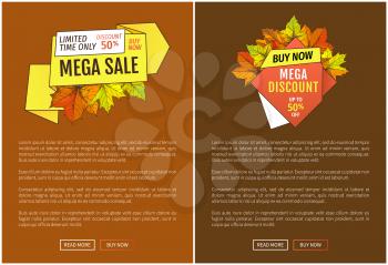 Mega sale autumn or fall, half price advertising with foliage and green and orange leaf vector. Limited time only buy now discount promo online poster.
