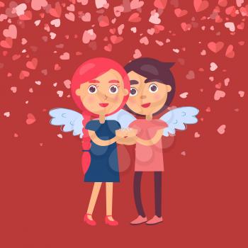 Hugging boyfriend and girlfriend in angel wings symbol of love isolated on burgundy background with flying hearts, vector couple celebrate Valentines day