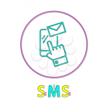 SMS round linear icon with smartphone, male hand and small envelope. Message exchange service outline button template isolated vector illustration.