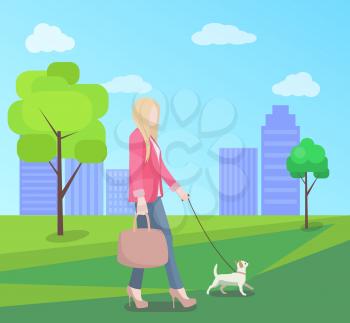 Stylish young woman walking in park with small dog, cute pet, big handbag, lot of clouds and buildings, green trees and grass, vector illustration