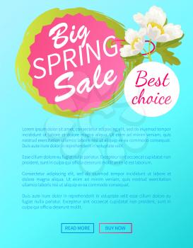 Best choice big spring sale off web poster with online push buttons and white anemone flower on sticker, vector springtime advertisement poster