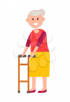 Friendly grandmother in bright long skirt with grey hair stands and holds wooden walker isolated cartoon flat vector illustration on white background.