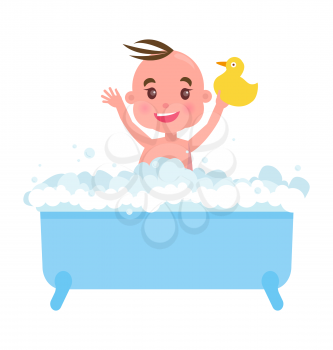 Happy little boy in blue bath with foam and yellow duck, vector illustration isolated on white background, brown hair, pretty smile and risen hands