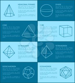 Hexagonal pyramid and shapes, cone and cube, sphere and tetrahedron, geometric shapes set, text sample and headlines, isolated on vector illustration