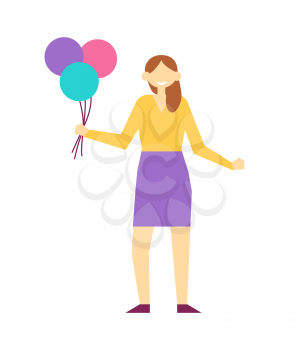 Woman with balloons poster, balloons of different colors, lady wearing skirt having happy mood and good emotions, isolated on vector illustration