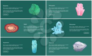 Aquamarine and malachite, agate and rhinestone, diamond and pink quartz minerals, crystal system vector web online pages design push buttons read more