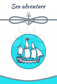 Sea adventure banner, color vector illustration, cordage knot, ship icon isolated on blue circle, anchor with cordages spiral text sample, curved rope
