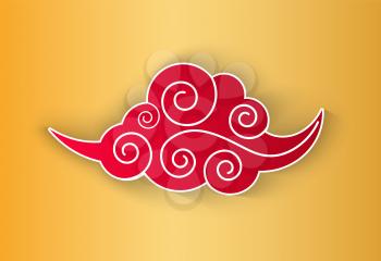 Red cloud isolated on yellow, symbol of Chinese holidays. Illustration of sky object with wavy lines and shadow in flat style, element of decoration vector